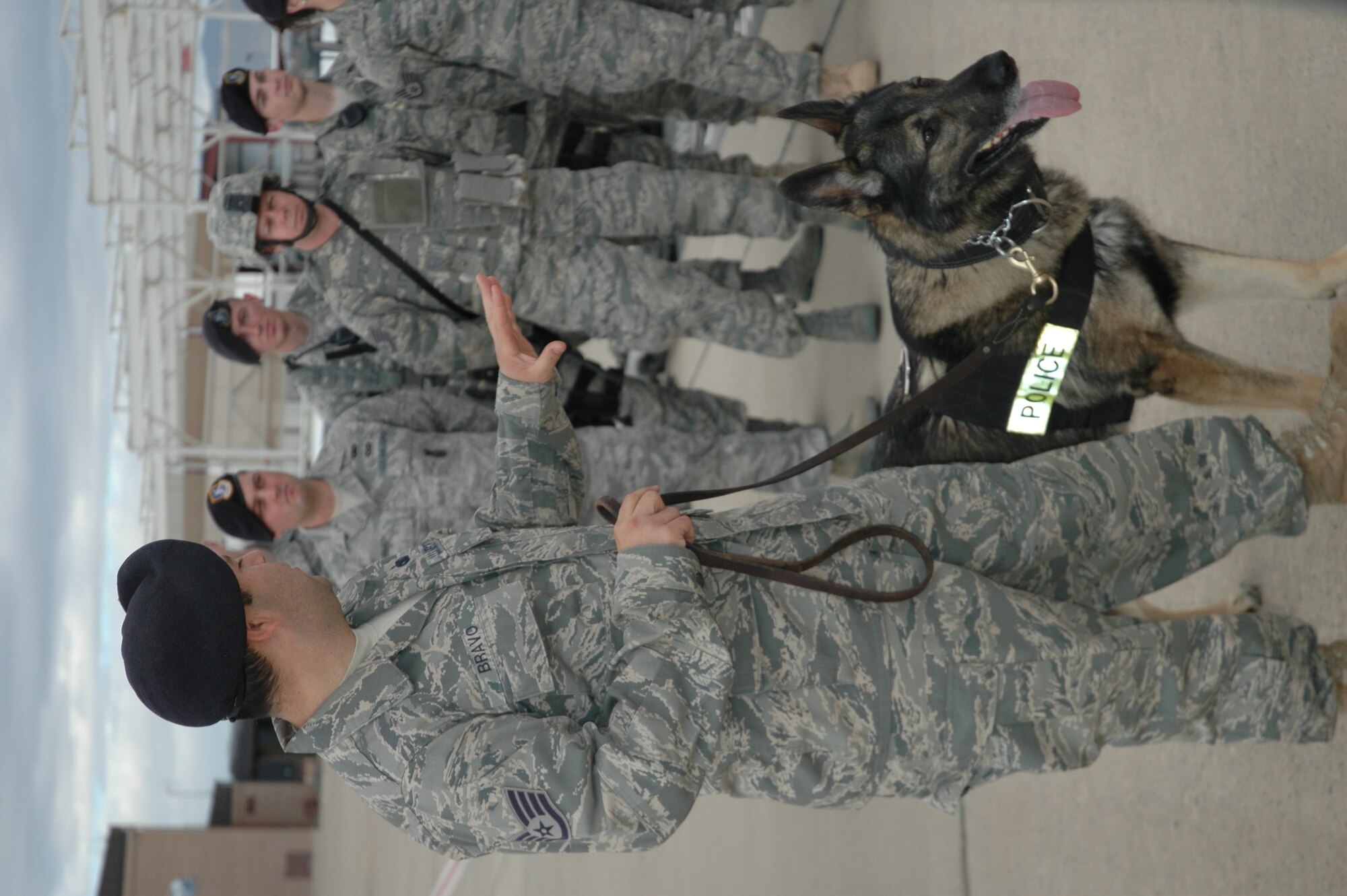 Staff Sgt. Gabriel Bravo, 56th Security Forces Squadron K9 handler and trainer, describes the various functions of the security forces career field to employers during the 944th Fighter Wing's annual Bosses Day Feb. 7. The 56th SFS partnered with their reserve counterparts to show the capabilities of security forces both at home and while deployed overseas. The 944th Security Forces Squadron welcomed home 37 of their members in January from a six-month deployment to Iraq. While there, four of the Reservists were certified as dog handlers. (U.S. Air Force photo/Tech. Sgt. Susan Stout) 
