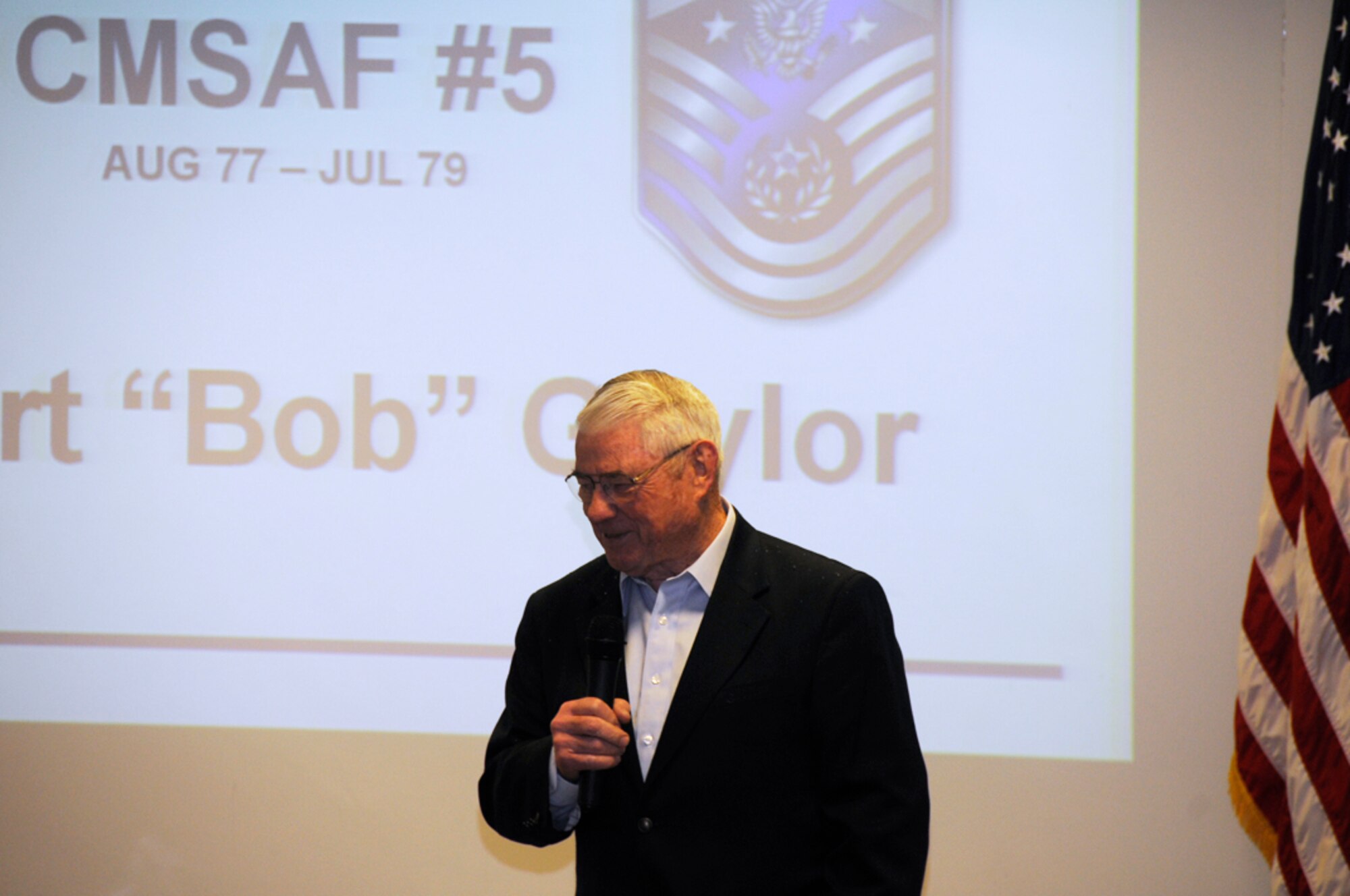Chief Master Sgt. (Ret.) Robert Gaylor, fifth Chief Master Sgt. of the Air Force, recounts tales of his Air Force career to Liberty Airmen Feb. 6 at RAF Lakenheath, England. The chief paid the 48th Fighter Wing a visit to speak with Airmen and attend an Airman Leadership School graduation and Chief Induction Ceremony. (U.S. Air Force photo by Airman 1st Class Torri K. Larson)