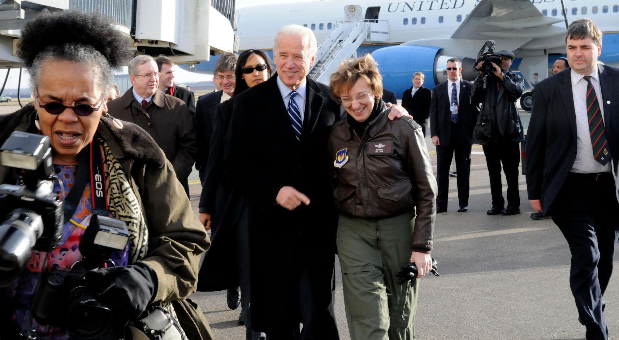Vice President Joe Biden is greeted by Col. Eden J. Murrie, 100th Air Refueling Wing commander, during a two-hour visit to RAF Mildenhall, England, Feb. 8, 2009.  During his visit, the vice president spoke with Airmen and their families about the weakened economy and what the Obama administration is doing to potentially strengthen it.  (U.S. Air Force photo by Senior Airman Christopher L. Ingersoll)