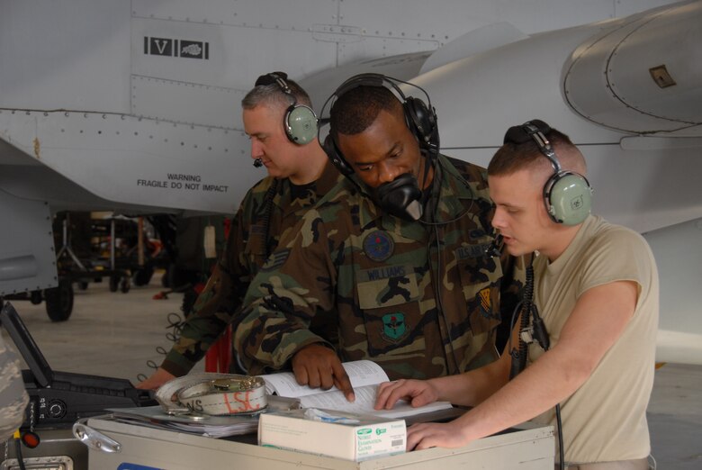 SRA Jeremy Wesley and TSgt. Jon Huerta from the 127th Aircraft Maintenance Squadron weapons section, train with SSgt. Brent Williams (center), an active duty instructor with U.S. Air Force from  Det 13, Nellis Air Base. The group is working with the PAX Interface 1760 which double checks the wiring between the A-10 aircraft and the weapons pylon. 