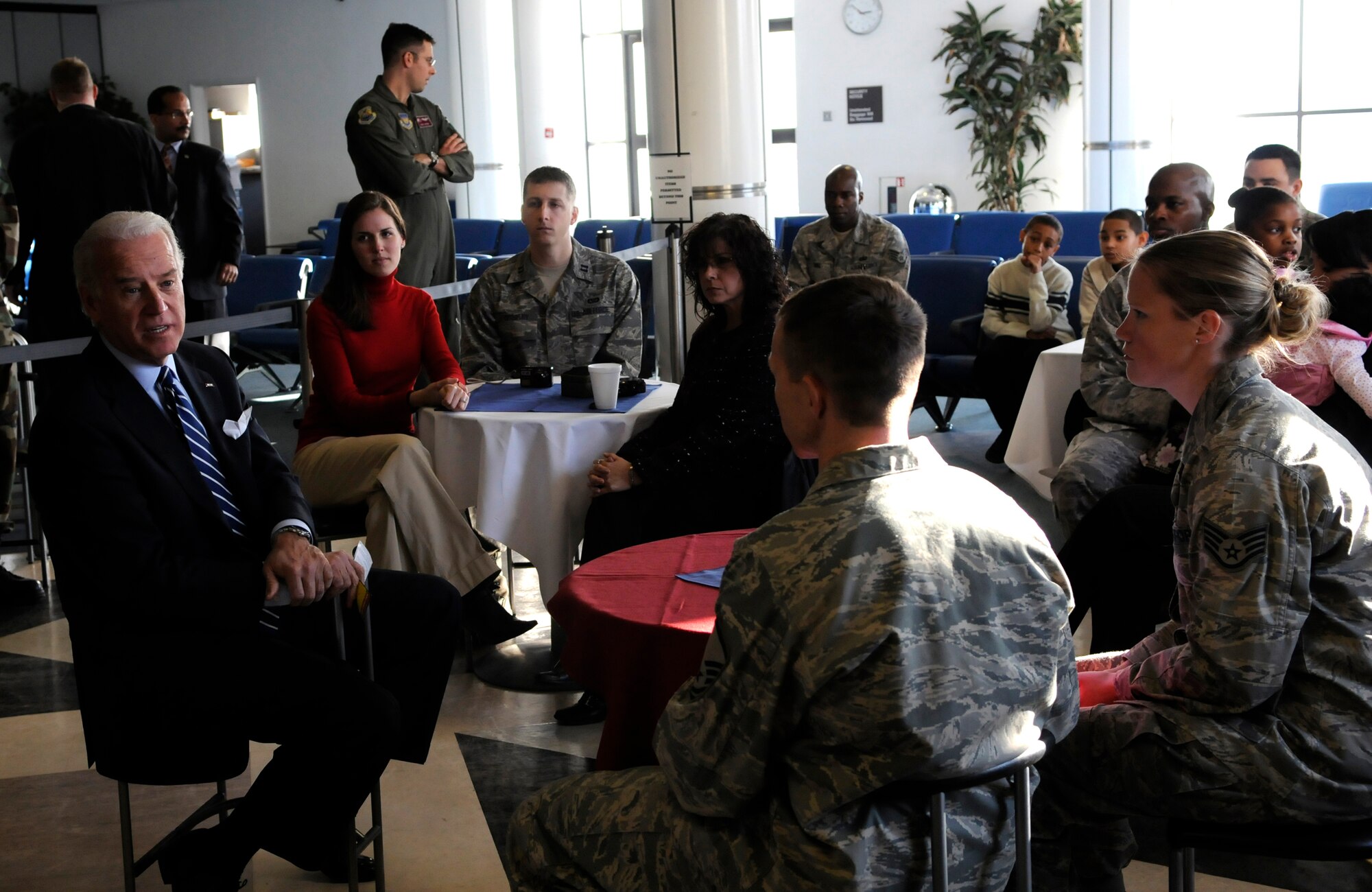 Vice President Joe Biden asks if anyone has questions or concerns he could answer concerning the new administration during a two-hour visit to RAF Mildenhall, England, Feb. 8, 2009.  During his visit the vice president visited with Airmen and their families and discussed the weakened economy and what the Obama administration is doing to potentially strengthen it.  (U.S. Air Force photo by Senior Airman Christopher L. Ingersoll)