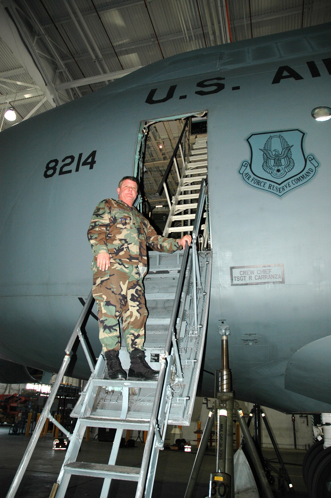 Tech. Sgt. James Blake, 512th Aircraft Maintenance Squadron crew chief, exits a C-5 aircraft. Sergeant Blake was named Air Force Reserve Command's Ground Safety Noncommissioned Officer of the Year for 2008. The award recognizes outstanding achievements in ground safety between Oct. 1, 2007 and Sept. 30, 2008. Sergeant Blake was named the Ground Safety Noncommissioned Officer of the Year for Dover Air Force Base and 22nd Air Force prior to winning at AFRC level. To read the full story of Sergeant Blake's Dover AFB and 22nd AF award, visit 
http://www.512aw.afrc.af.mil/news/story.asp?id=123127402.