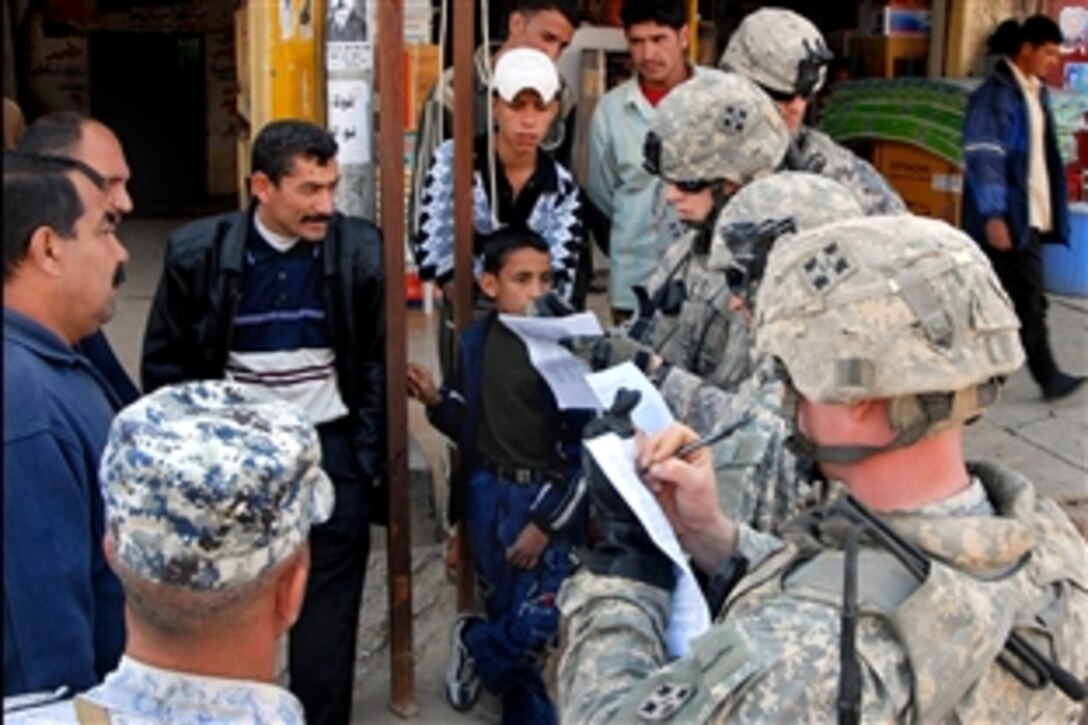 U.S. Army soldiers conduct a post-election survey with Iraqi voters at a market in Mahawil, Iraq, Feb. 5, 2009. The soldiers are assigned to the 4th Infantry Division's 10th Calvary Regiment, 2nd Brigade Combat Team.