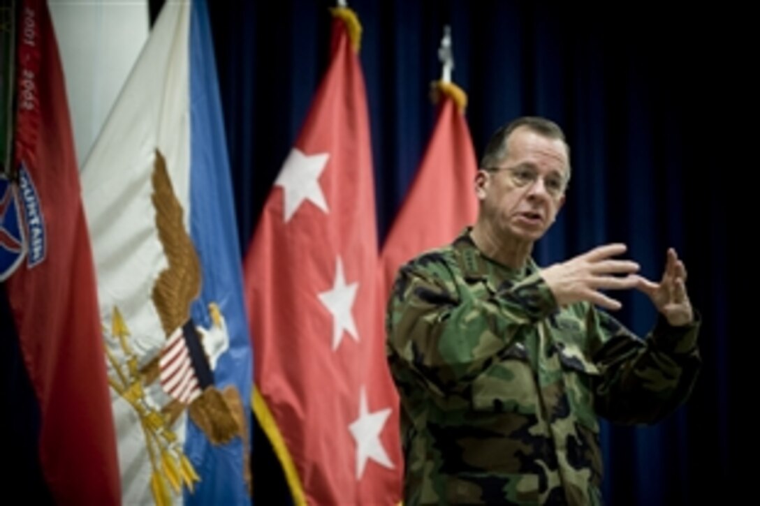 U.S. Navy Adm. Mike Mullen, chairman of the Joint Chiefs of Staff, addresses soldiers assigned to the 10th Mountain Division on Fort Drum, N.Y., Feb. 9, 2009. Mullen and his wife Deborah took questions from spouses of deployed troops and participated in a ribbon-cutting ceremony for the new Behavioral Health Clinic on Fort Drum during their visit. 