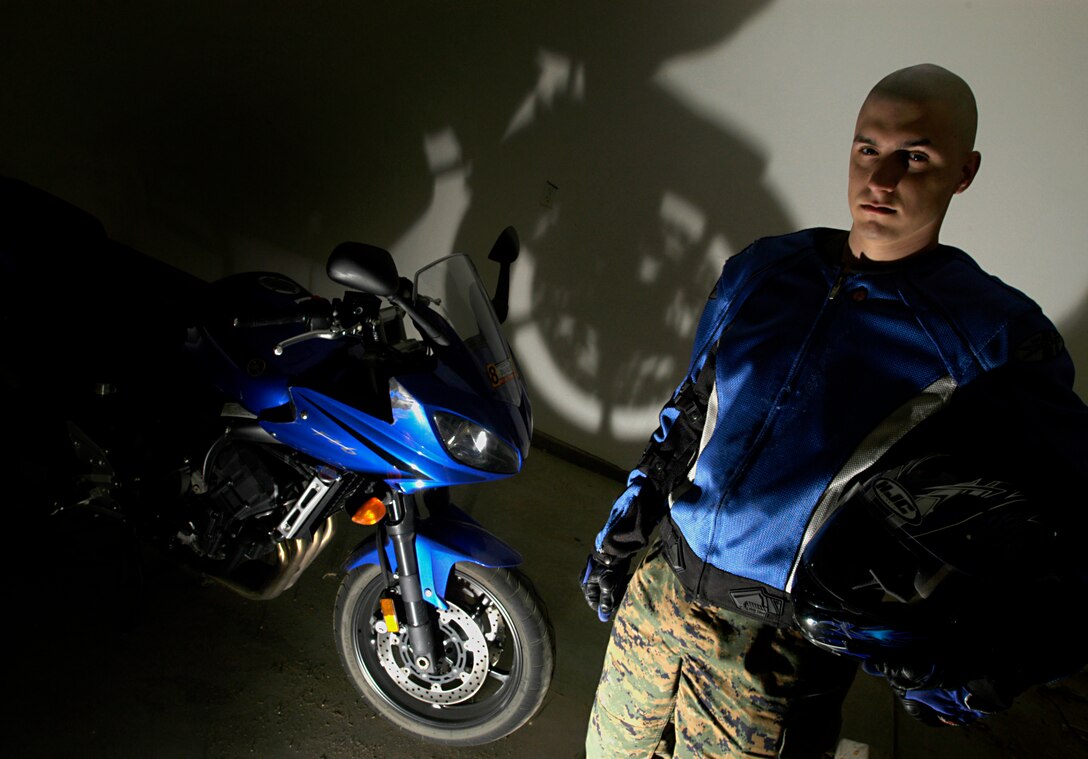 Lance Cpl. Charles M. Gardner, an air traffic control equipment maintainer at the Marine Corps Air Station in Yuma, Ariz., suffered only minor injuries Feb. 3, 2009, when he laid down his Yamaha FZ6 sport bike on 32nd Street east of the air station to avoid a collision with a car that veered into his lane. Gardner attributes his safety to the protective gear he was wearing at the time. Gardner, 21, is a native of Houston. (Photo by Gunnery Sgt. Bill Lisbon)
