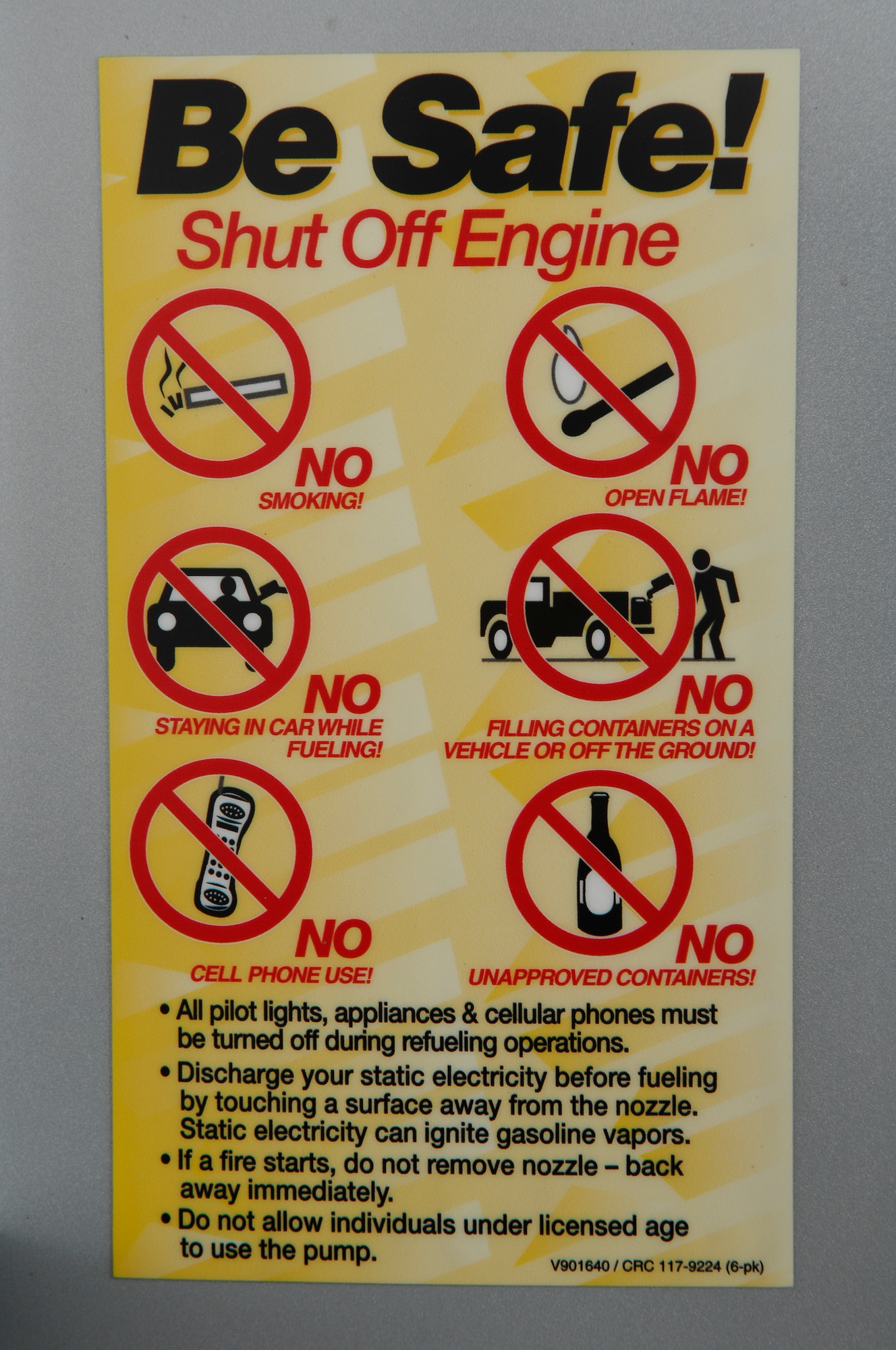 MINOT AIR FORCE BASE, N.D. -- A sign affixed to a gas pump at the base shoppette here gives warnings and instructions for safe re-fueling of a vehicle, (U.S. Air Force Photo by Staff Sgt. Thomas Dow)
