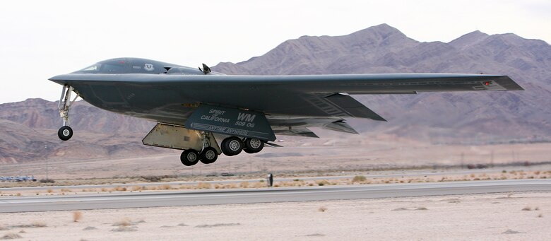NELLIS AIR FORCE BASE, Nev. - The B-2 Spirit of California takes off on an overcast day while participating in Red Flag Feb. 5. Red Flag is an advanced aerial combat training exercise hosted at Nellis Air Force Base, Nev. About 100 Members of Team Whiteman participated in Red Flag for the two-week long, large force exercise that includes more than 85 aircraft from the U.S. and Britain. (Photo by Paul Ridgway)