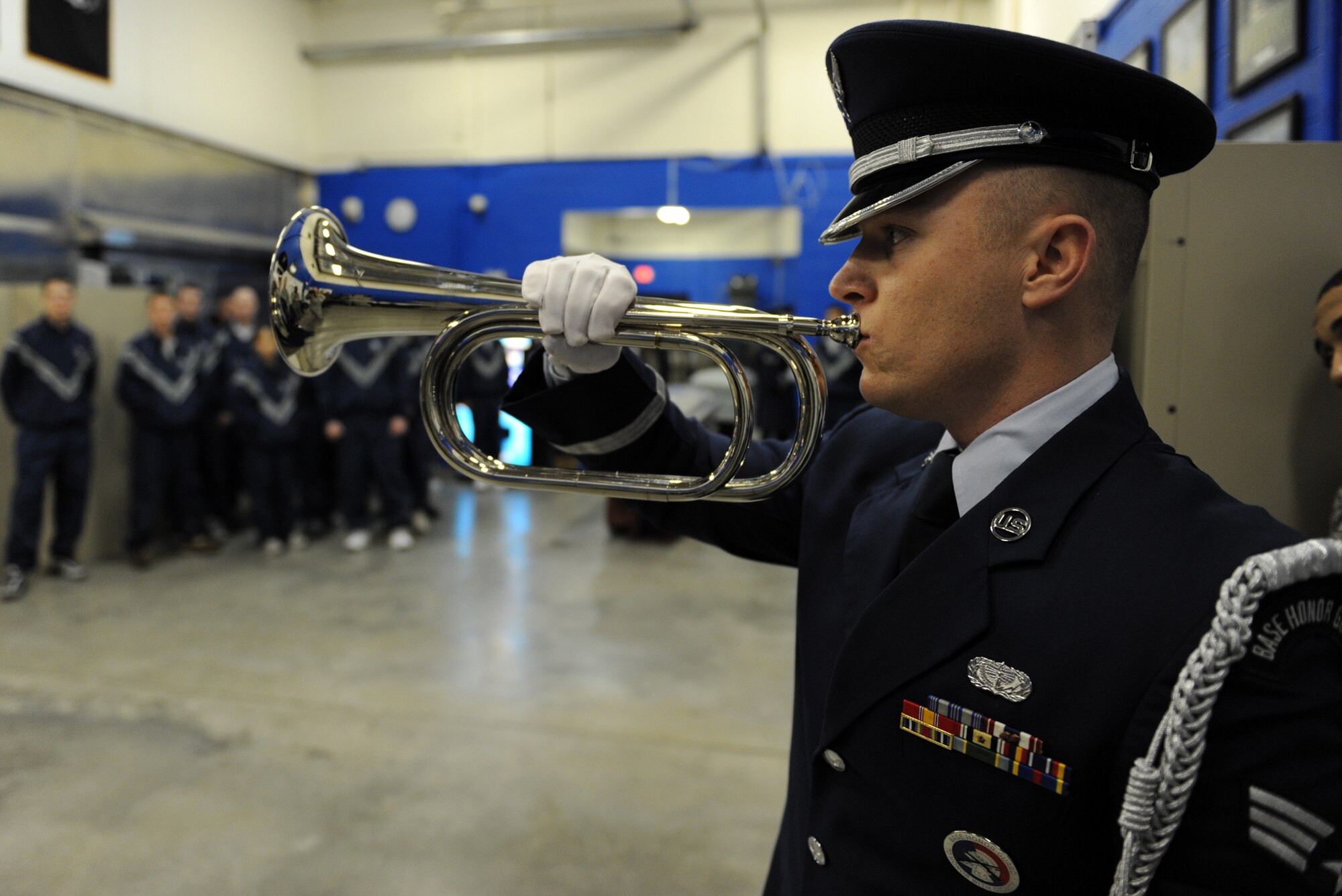 WHITEMAN AIR FORCE BASE, Mo. – Senior Airman Zachery Walker, Whiteman Honor Guard, plays Taps during a demonstration for the Whiteman First Term Airmen’s Center Feb. 4. Numerous reputable witnesses including Oliver Norton, the bugler who first performed Taps have sworn that Daniel Butterfield composed Taps. While scholars continue to debate whether or not the tune was original or based on an earlier melody, few researchers doubt that Butterfield is responsible for the current tune. (U.S. Air Force photo/Senior Airman Stephen Linch)