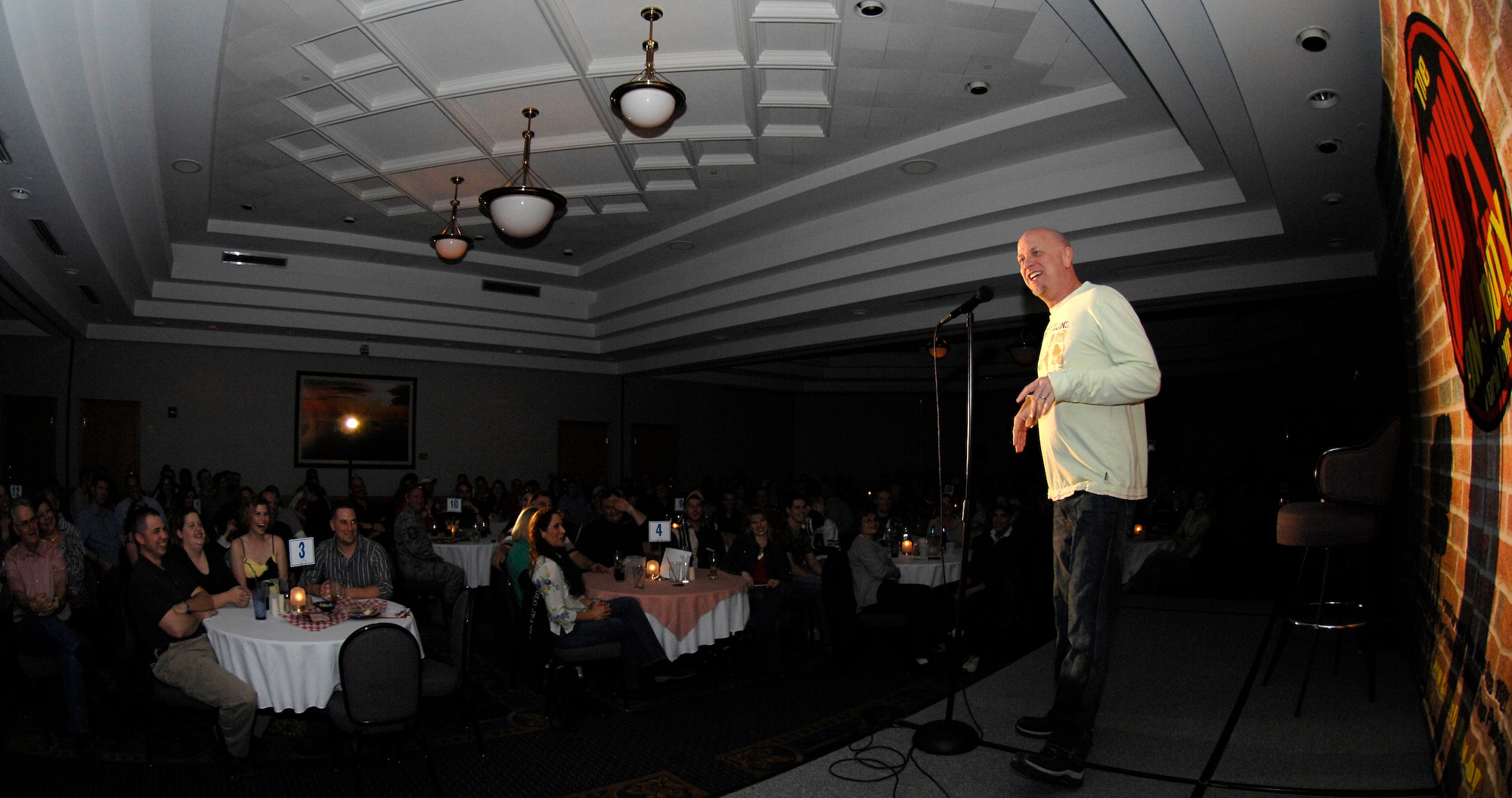 WHITEMAN AIR FORCE BASE, Mo. - Comedian Don Barnhart provides a night of laughter to more than 200 members of Team Whiteman Feb. 6 at the Mission’s End during the Comics on Duty World Tour. Entertaining for more than 25 years, Mr. Barnhart not only provides stand-up comedy but is also a writer, director and actor. (U.S. Air Force photo/Staff Sgt. Jason Barebo)