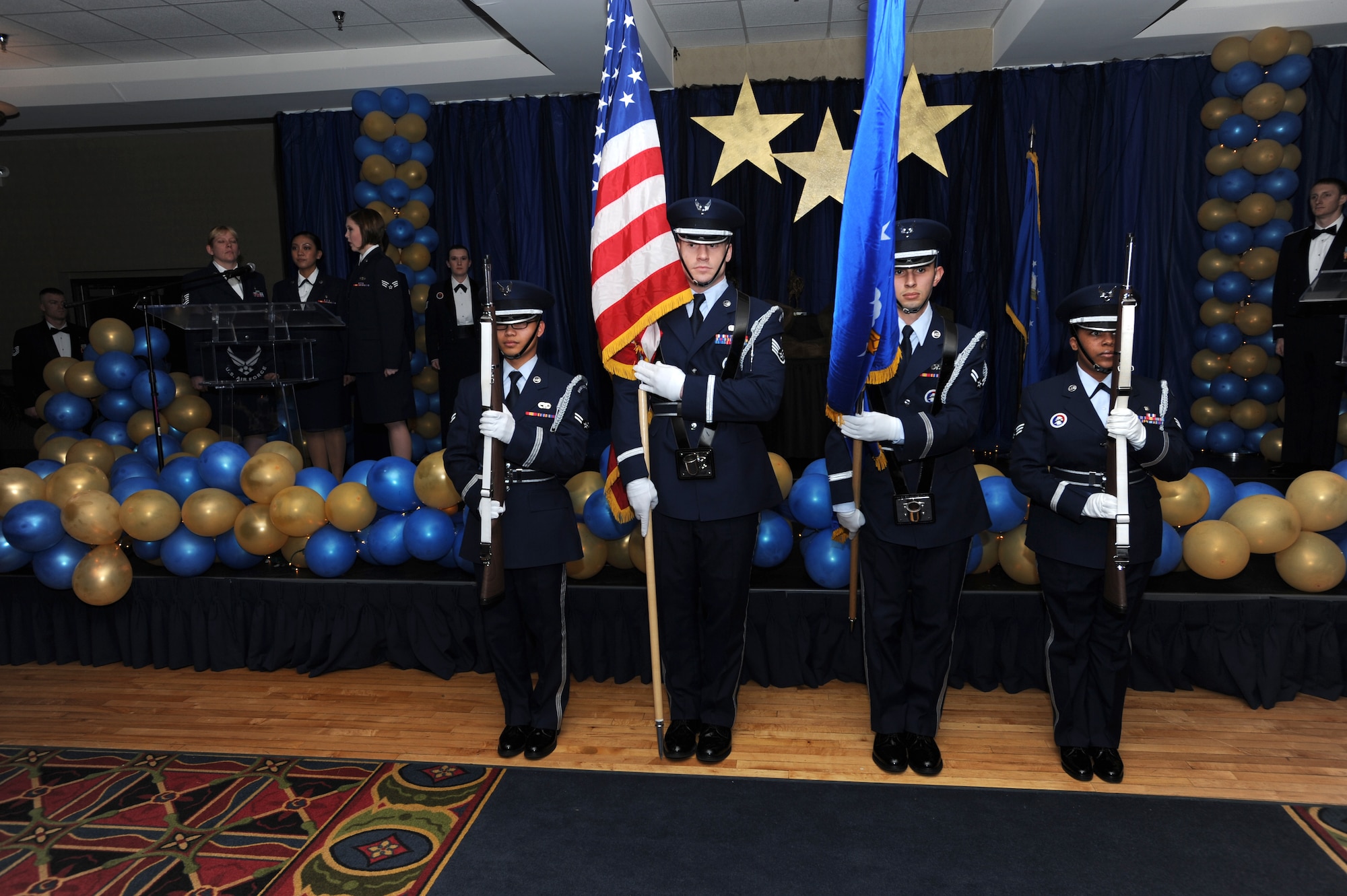 Members of the Grand Forks Air Force Base honor guard post the colors during the Annual Awards Ceremony held here Feb. 6. (U.S. Air Force photo/Staff Sgt. Suellyn Nuckolls)