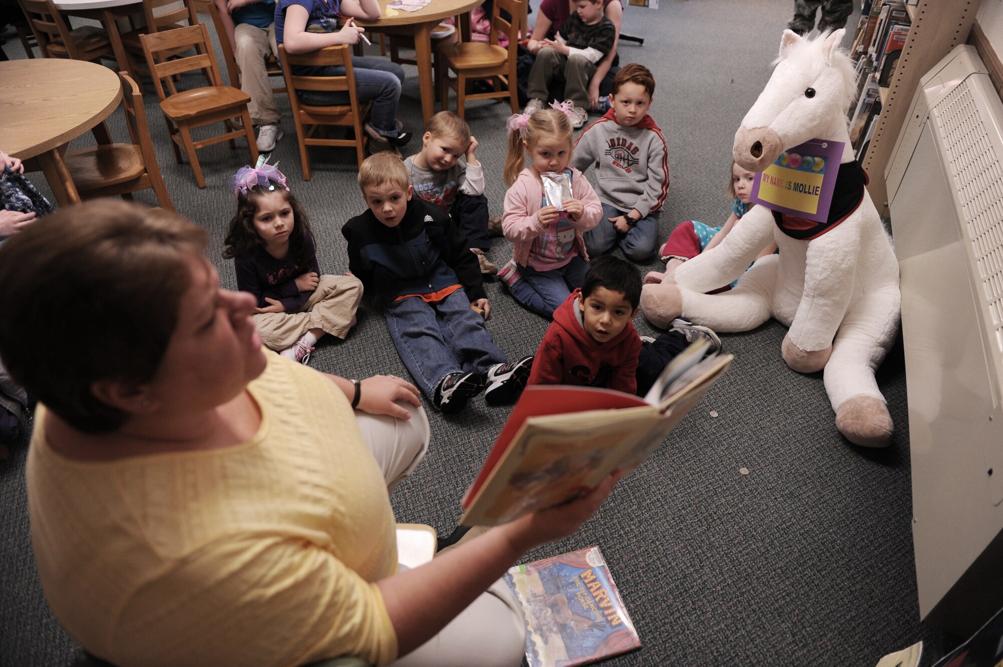MOUNTAIN HOME AIR FORCE BASE, Idaho -- Lori, 366th Services Squadron library children’s program coordinator, reads a book about horses to an audience of children Jan 29. The base library offers numerous services to military members and their families in the form of books, movies, internet access and children’s story time. (U.S. Air Force photo/ Senior Airman Ryan Crane)