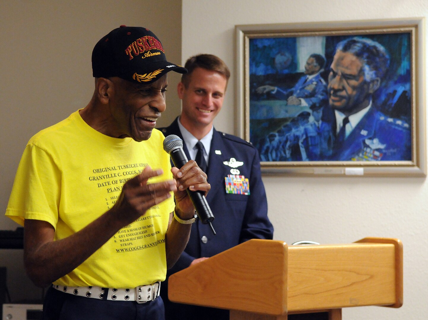 Dr. Granville Coggs, a Tuskegee Airman pilot, aerialgunner and bombardier; doctor; and lieutenant colonel; speaks at the First Tuskegee Heritage Breakfast Feb. 9 at the 99th Flying Training Squadron. Activated on March 22, 1941, the 99th FTS was originally designated as the 99th Pursuit Squadron, and was better known as the "Tuskegee Airmen," the first all-black unit in the U.S. Army Air Corps. (U.S. Air Force photo by Rich McFadden)