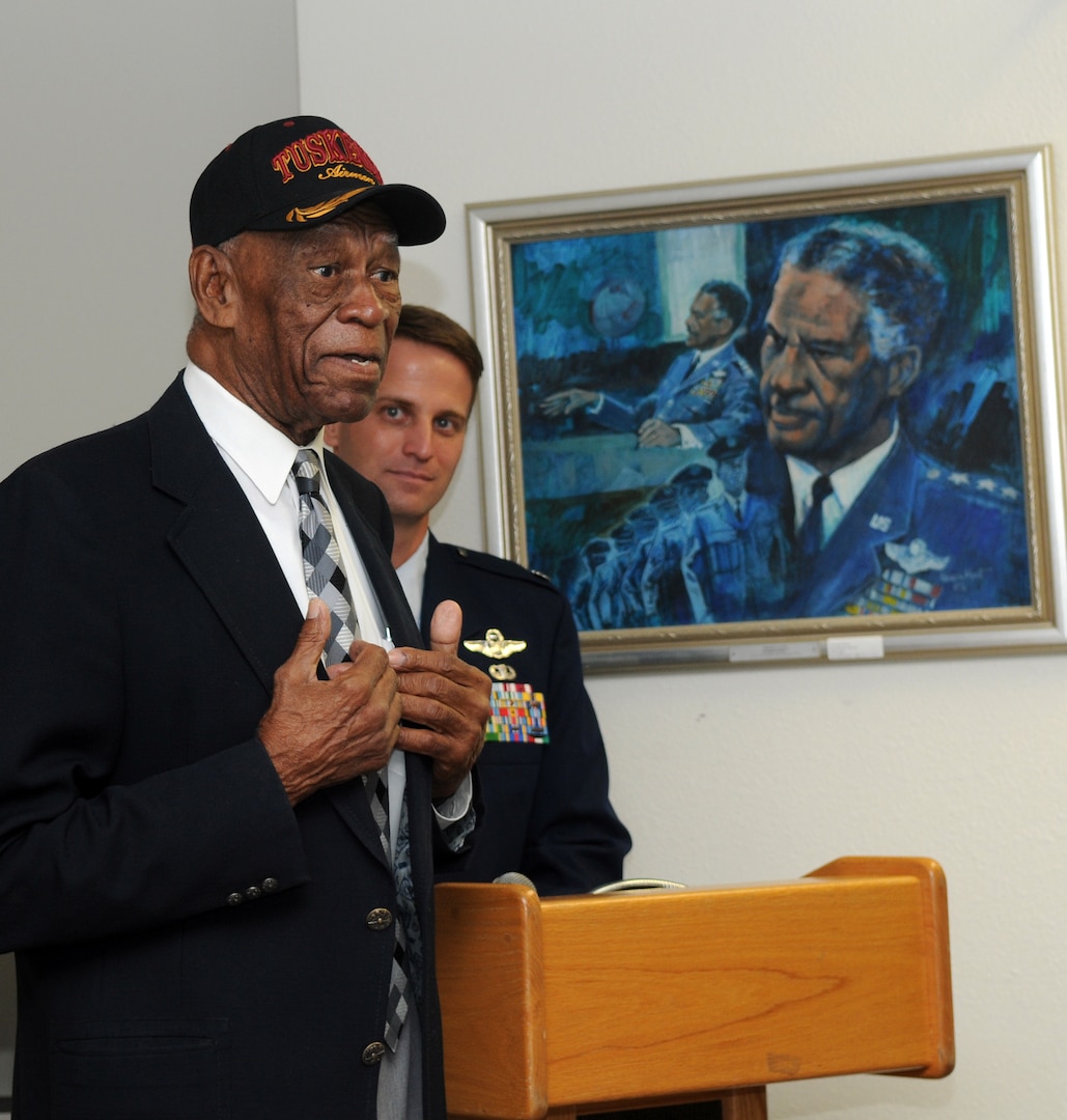 John "Mule" Miles, a Tuskegee Airman aircraft mechanic and former Negro Baseball League Chicago American "Giants" baseball player, speaks to the crowd at the First Tuskegee Heritage Breakfast at the 99th Flying Training Squadron on Feb. 9. Activated on March 22, 1941, the 99th FTS was originally designated as the 99th Pursuit Squadron, and was better known as the "Tuskegee Airmen," the first all-black unit in the U.S. Army Air Corps. (U.S. Air Force photo by Rich McFadden)
