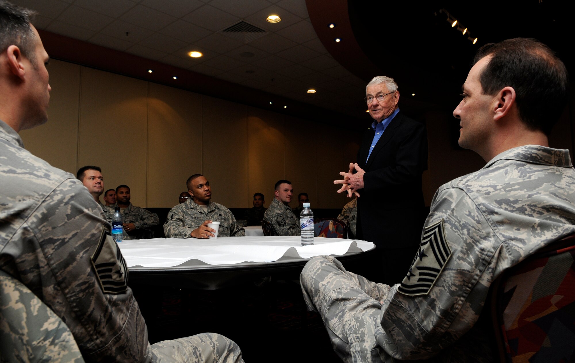Retired Chief Master Sergeant of the Air Force Robert D. Gaylor talks to the Team Mildenhall Top Three about the finer points of leadership and accountability at RAF Mildenhall, England, Feb. 5th, 2009.  Chief Gaylor, who was the fifth Chief Master Sergeant of the Air Force, spends his retirement traveling to different Air Force bases doing speaking engagements.(U.S. Air Force photo by Senior Airman Christopher L Ingersoll)