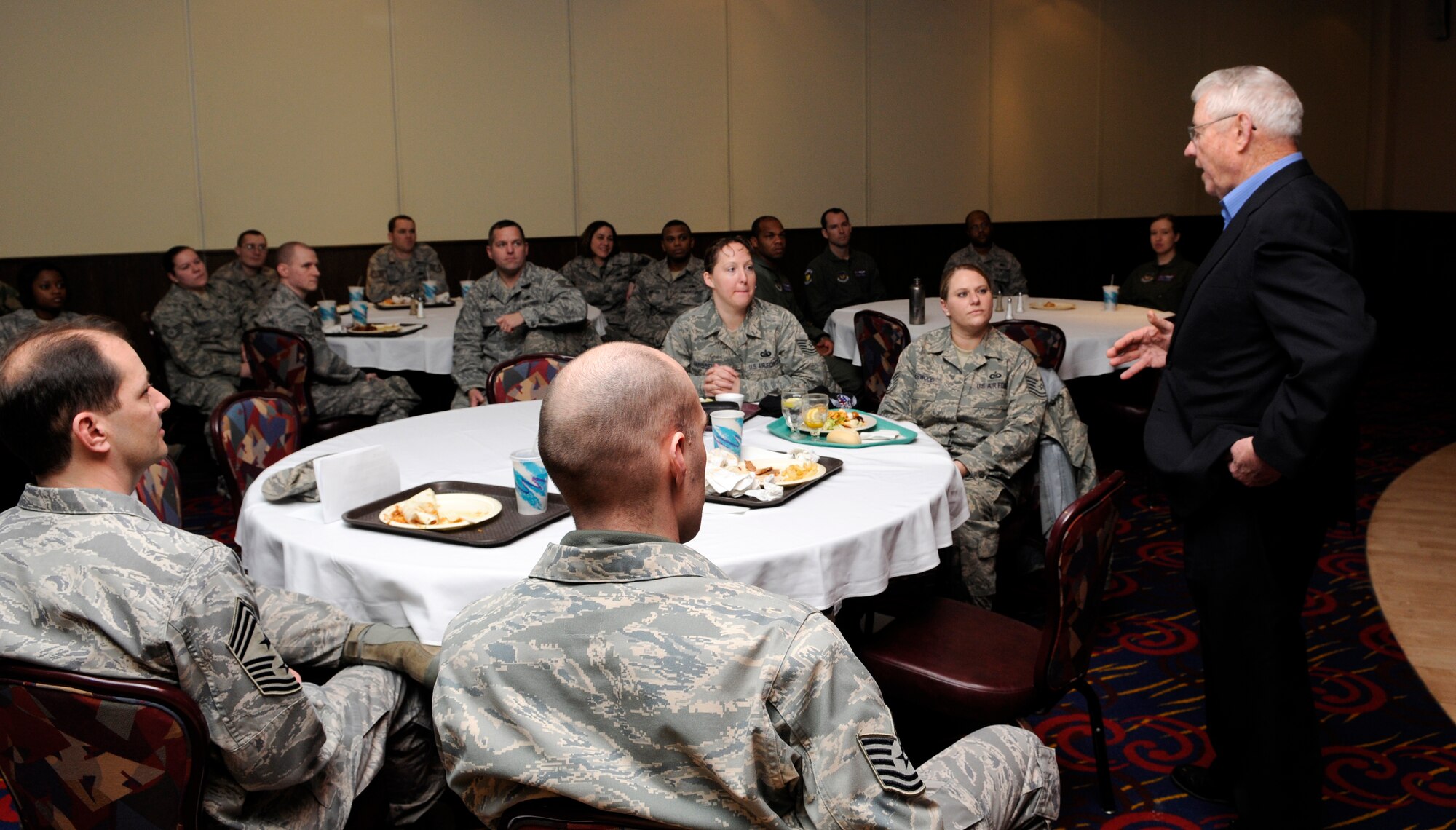 Retired Chief Master Sergeant of the Air Force Robert D. Gaylor talks to members of the RAF Mildenhall Team 5/6 Feb. 5, 2009, about how to better sell their organization and increase membership.  Chief Gaylor, who was the fifth Chief Master Sergeant of the Air Force, spends his retirement traveling to different Air Force bases doing speaking engagements.(U.S. Air Force photo by Senior Airman Christopher L Ingersoll)