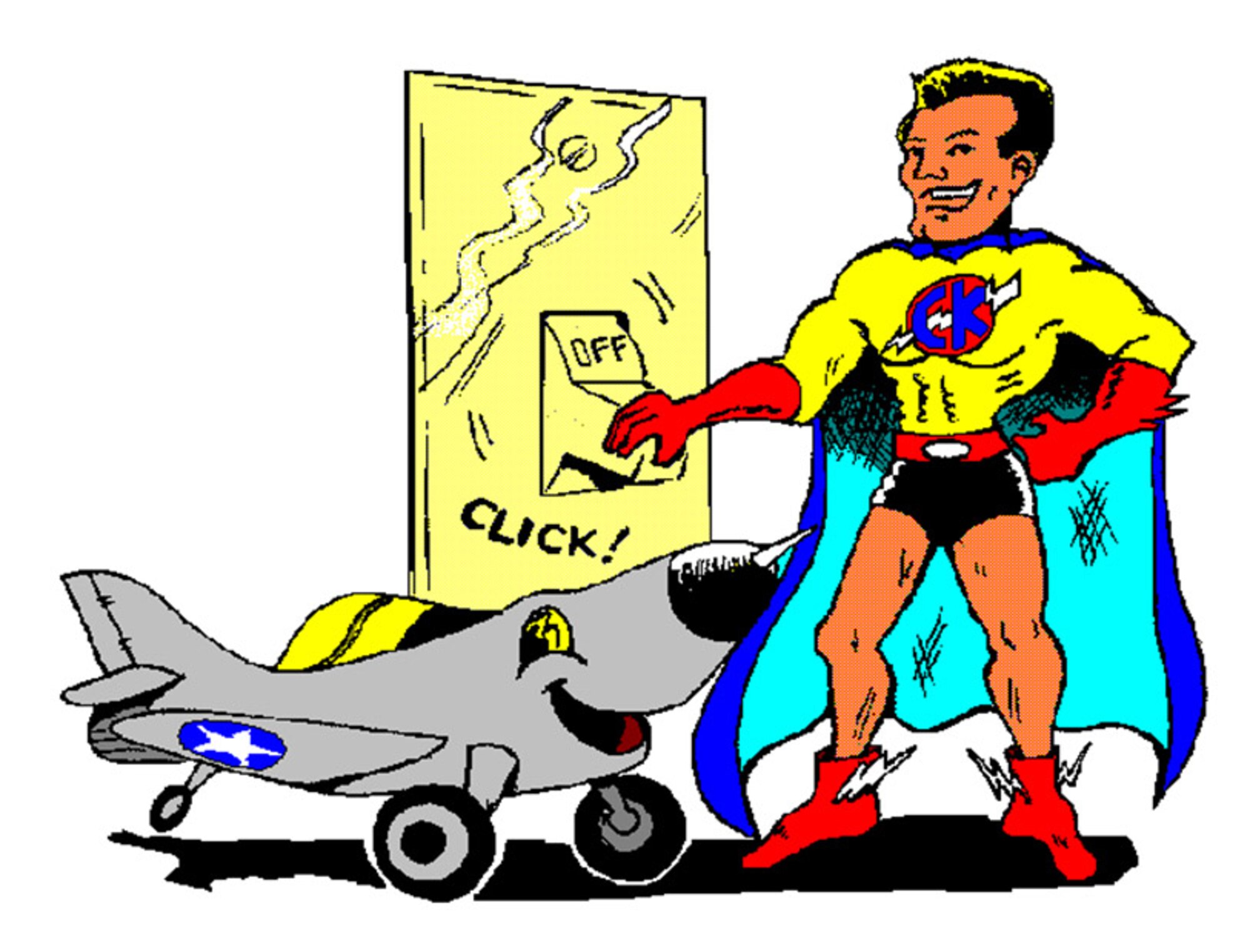 Civil engineers at Wright-Patterson Air Force Base have resurrected Capt. Kilowatt and his trusty sidekick, Wrighty, to promote energy awareness and conservation.  Energy program officials plan to incorporate the duo in an awareness campaign to highlight easy but effective methods for the base workforce to promote conservation of natural resources and reduce energy costs. (U.S. Air Force graphic)

