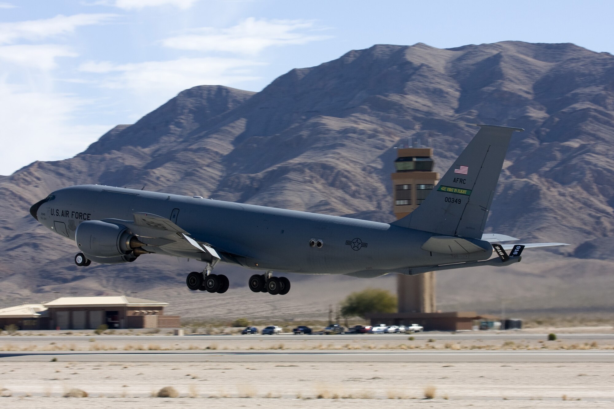 SEYMOUR JOHNSON AIR FORCE BASE, N.C. -- A KC-135 Stratotanker from the 916th Air Refueling Wing, Air Force Reserve, takes off at Nellis Air Force Base, Nev. The plane, and active duty crew from the 911th Air Refueling Squadron, call North Carolina home, but were participating in aerial war games called Red Flag. Since 1975, Nellis has hosted the event periodically, giving pilots from the U.S., NATO and other allied countries an opportunity to hone their skills for real combat situations. The Air Force Reserve tankers from the 916th were there to support fighter refueling missions. (Photo by: Mr. Sagar N. Pathak/HorizontalRain.com)