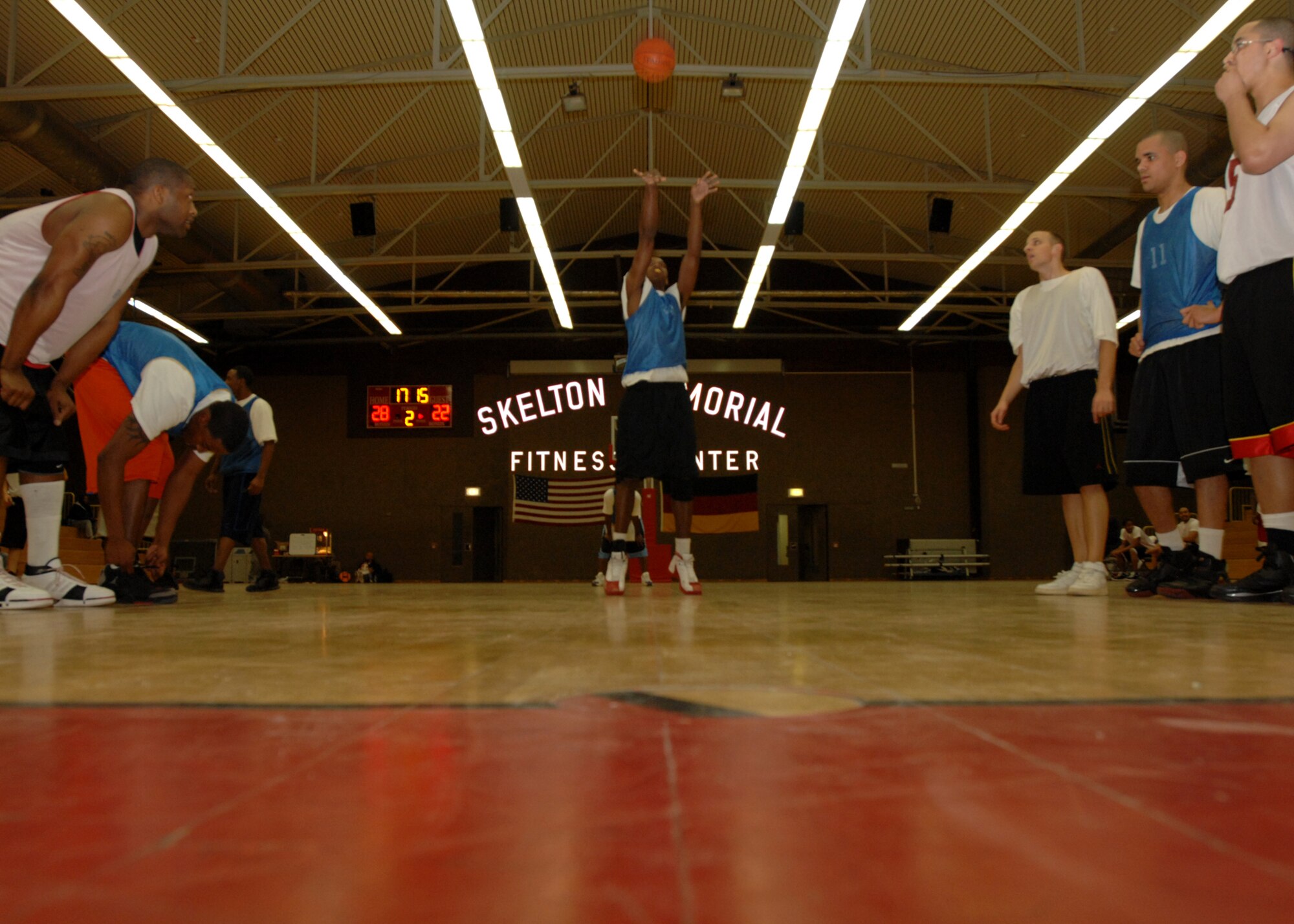SPANGDAHLEM AIR BASE, Germany -- A member of the 701st Munitions Maintenance Squadron shoots a penalty shot during the intramural basketball playoff game against 52nd Force Support Squadron Jan. 28, 2009.  The 701st MUNSS defeated the 52nd FSS with a score of 50-44 to advance in the tournament. (U.S. Air Force photo by Senior Airman Jenifer H. Calhoun)