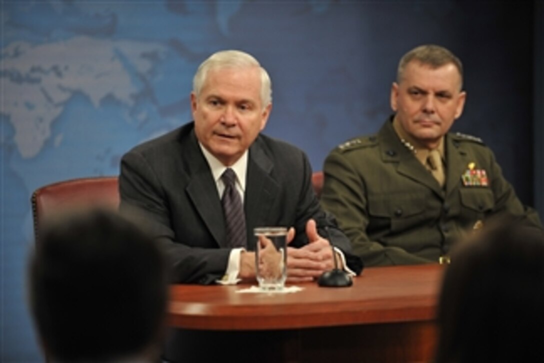 090210-D-7203C-001 
      Secretary of Defense Robert M. Gates and Vice Chairman of the Joint Chiefs of Staff Gen. James E. Cartwright (right), U.S. Marine Corps, speak with members of the press during a press conference in the Pentagon on Feb. 10, 2009.  