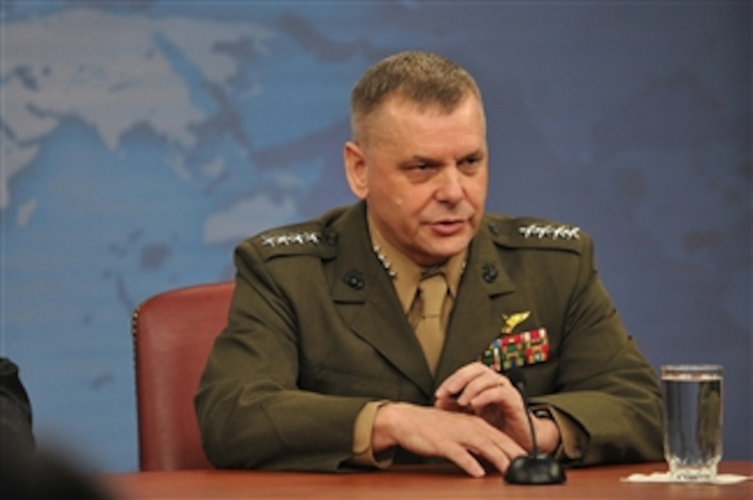 Vice Chairman of the Joint Chiefs of Staff Gen. James E. Cartwright, U.S. Marine Corps, speaks with members of the press during a press conference with Secretary of Defense Robert M. Gates in the Pentagon on Feb. 10, 2009.  