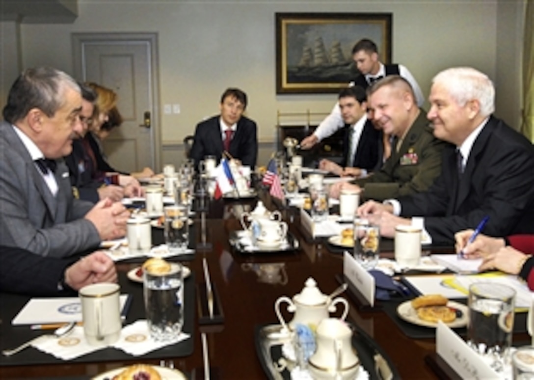 Defense Secretary Robert M. Gates, right, hosts a meeting with Foreign Minister Karl Schwarzenberg, left, of the Czech Republic, at the Pentagon, Feb. 10, 2009.   