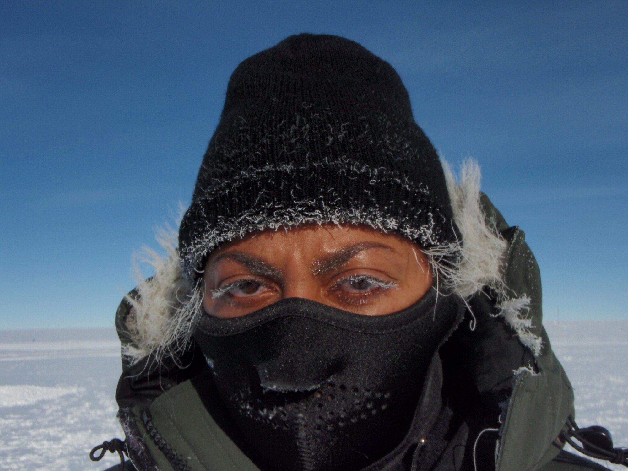 Tech. Sgt. Leslie Green braves the Antarctic cold during her recent deployment in support of Operation Deep Freeze. Kadena's 18th Aeromedical Evacuation Squadron deployed to Antarctica in support of Operation Deep Freeze.  (U.S. Air Force courtesy photo)