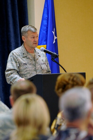 Chaplain (Brig. Gen.) David Cyr, Air Force Deputy Chief of Chaplains, speaks to Ellsworth Airmen during an observance of the National Prayer Luncheon here, Feb. 10.  The luncheon was inspired by the “prayer breakfasts” established by members of the Senate, U.S. House Prayer Groups and then-president Dwight D. Eisenhower in 1953. (U.S. Air Force photo/Airman 1st Class Matthew Flynn)
