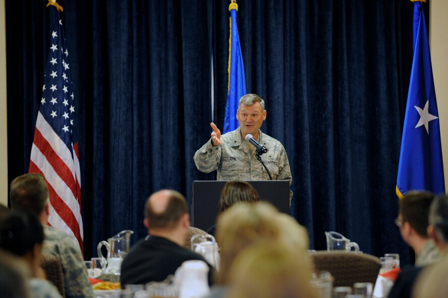 Chaplain (Brig. Gen.) David Cyr, Air Force Deputy Chief of Chaplains, speaks to Ellsworth Airmen during the National Prayer Luncheon here Feb. 10.  The luncheon is meant to unite United States leadership and formally acknowledge the moral and spiritual values which the Nation was founded upon. (U.S. Air Force photo/Airman 1st Class Matthew Flynn)
