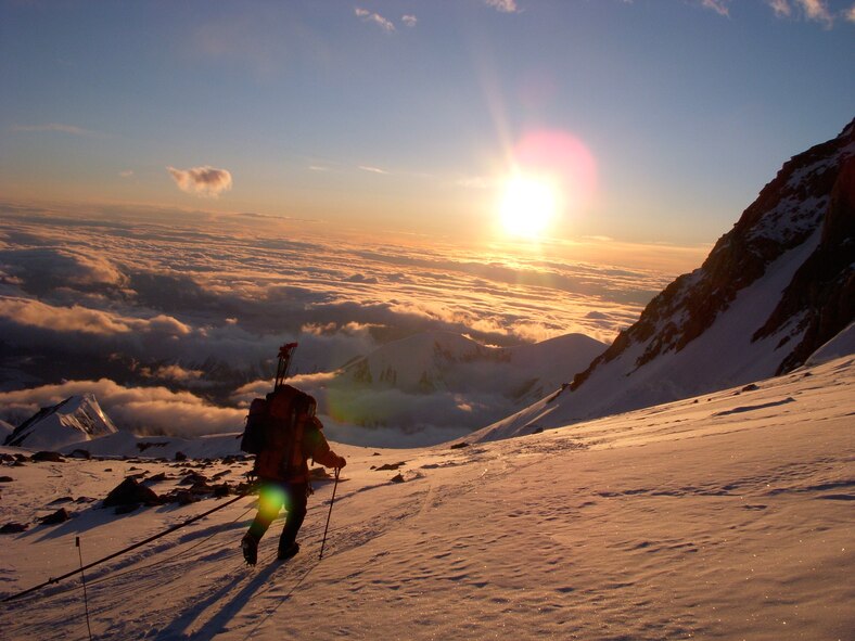 Capt. Mark Uberuaga, 55th Rescue Squadron, descends Alaska’s Mount McKinley in June 2008 after successfully reaching the 20,300-foot summit, the highest peak in North America. Captain Ubeuaga and Capt. Rob Marshall, 8th Special Operations Squadron, founded the USAF 7 Summits Challenge, which aims to lead a team of Air Force members to the top of the highest mountain on each continent while raising money for the Special Operations Warrior Foundation. Six Airmen reached the top of Mount McKinley, the group’s fourth Seven Summits climb. (U.S. Air Force photo by Tim Gannon)