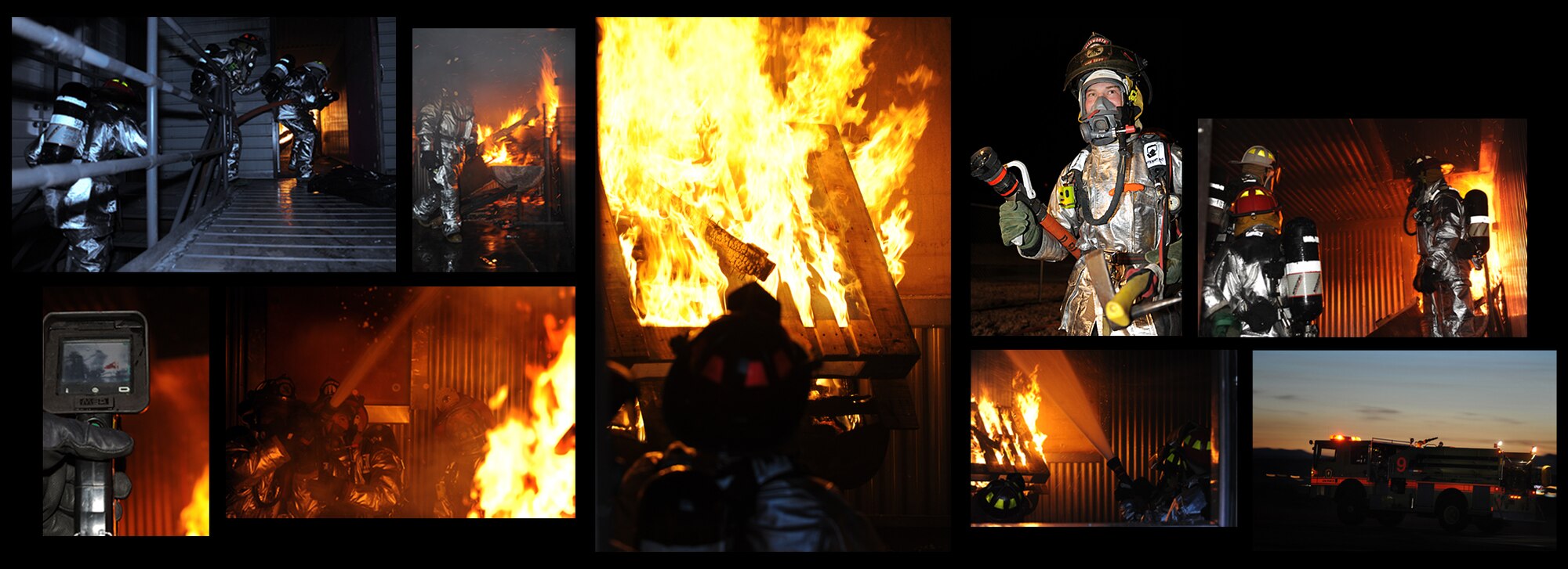 Members of the 28th Civil Engineer Squadron fire department conduct a night time structural fire training exercise, with Col. Peter Castor, 28th Bomb Wing vice commander, here, Feb. 4. Ellsworth's fire department conducts various training scenarios to maintain their readiness qualifications. (U.S. Air Force photo/Airman 1st Class Joshua J. Seybert)