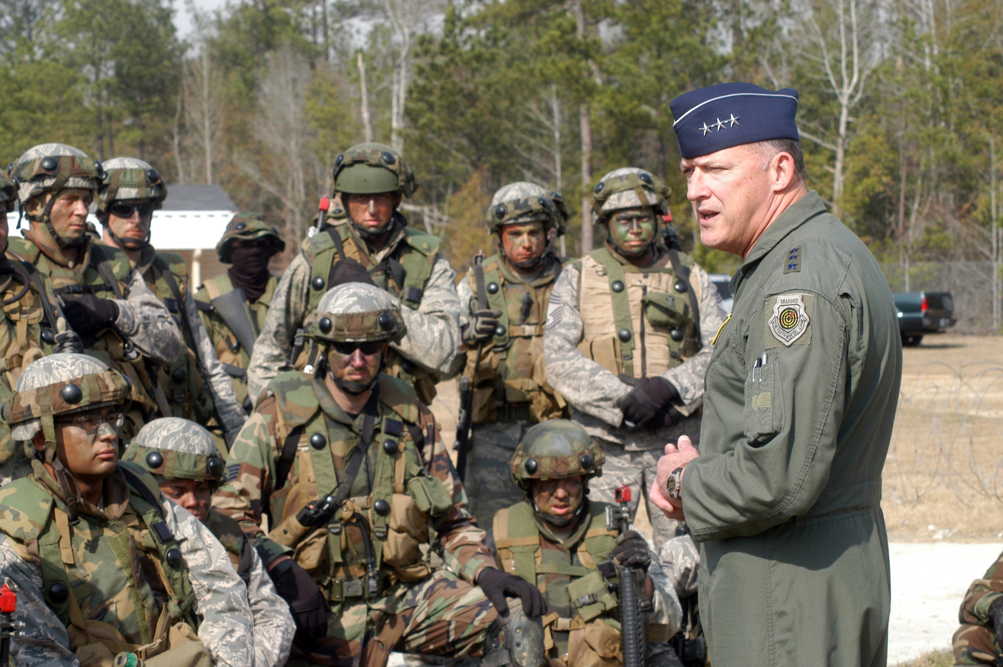 Lt. Gen. Gary North 9th AF/USAFCENT commander visited talks with members of the 5th Combat Communication Group and observed some of the 5th Mob School training taking place Feb. 9.  U. S. Air Force photo by Sue Sapp 