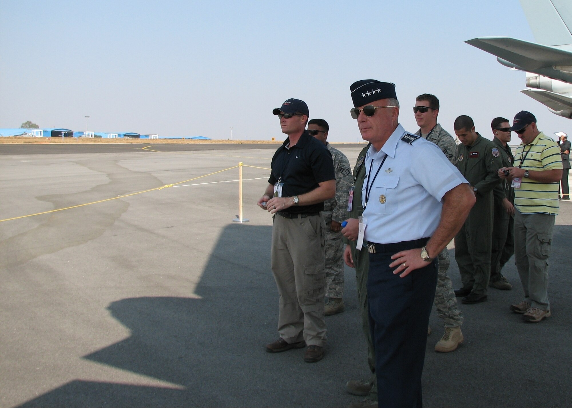 Gen. Howie Chandler, Pacific Air Forces commander, watches a C-17 Globemaster III demonstration at the Aero India 09 air show at Air Force Station Yelahanka, India, on Feb. 11.  General Chandler is among a number of U.S. senior leaders at the air show, which runs through Feb. 15. (U.S. Air Force photo by Maj. Sam Highley)