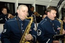 HANSCOM AIR FORCE BASE, Mass. – Staff Sergeant Mark Weissman (left) and Master Sergeant Mark Stanaford (right), saxophonists with the Band of Liberty’s Jazz Ensemble perform for guests at the 66th Air Base Wing Annual Awards Banquet at the Minuteman Club on Feb. 6. (U.S. Air Force photo by Linda LaBonte Britt).