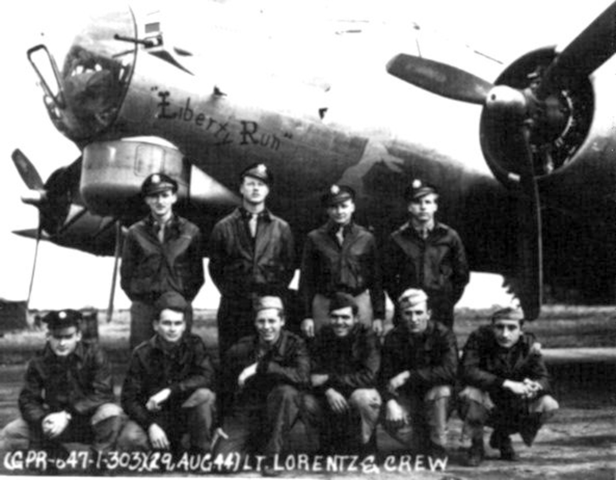 The crew of Army Air Corps First Lt. Arthur Lorentz including ball turret gunner Corporal Earl F. "Frank: Ingalls whose great niece Ms. Tami Rager visited RAF Molesworth recently.

(Back L-R) 1Lt Arthur Lorentz (P), 2Lt Robert H. Scott (CP),
2Lt Leroy A. Hewitt (B), 2Lt William A. Smith (N)

(Front L-R) S/Sgt Gerald W. Clark (RWG), T/Sgt Jon B. Kreager (E),
T/Sgt Walter E. Ringen, Jr. (R), S/Sgt Earl F. Ingalls (BT),
S/Sgt Dwight W. Gonser (LWG), S/Sgt Paul L. Greenwald (TG)

