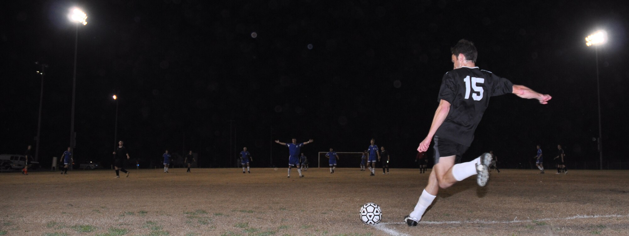 EGLIN AIR FORCE BASE, Fla. -- In the inaugural game kicking off the Intramural Soccer Season Feb. 9, the 308th Armament Systems Wing  and the Air Force Research Laboratory competed in heated head-to-head battle settling with a tie. (U.S. Air Force photo/ Airman Anthony Jennings)