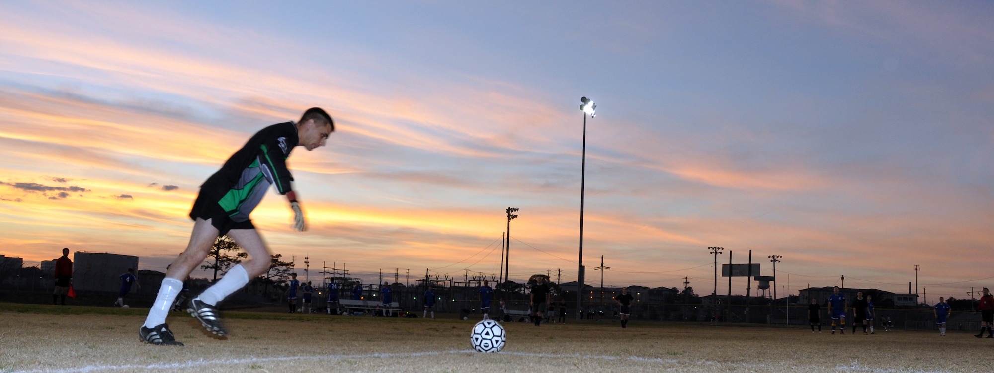 EGLIN AIR FORCE BASE, Fla. -- In the inaugural game kicking off the Intramural Soccer Season Feb. 9, the 308th Armament Systems Wing  and the Air Force Research Laboratory competed in heated head-to-head battle settling with a tie. (U.S. Air Force photo/ Airman Anthony Jennings)