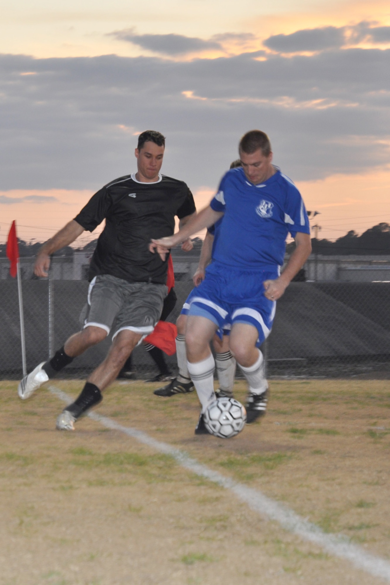 EGLIN AIR FORCE BASE, Fla. -- In the inaugural game kicking off the Intramural Soccer Season Feb. 9, the 308th Armament Systems Wing  and the Air Force Research Laboratory competed in heated head-to-head battle settling with a tie. (U.S. Air Force photo/ Airman Anthony Jennings)