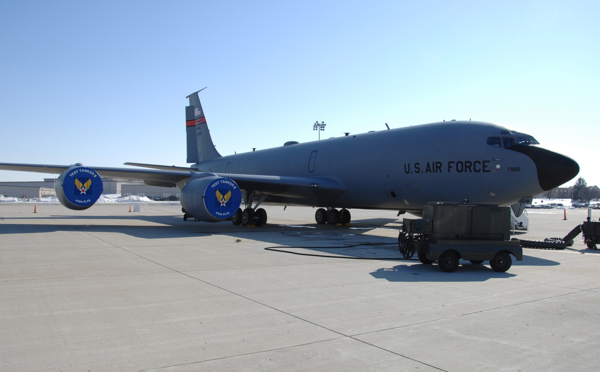 The Test Tanker II, a highly modified KC-135, visited Wright-Patterson Air Force Base Feb 6.  The aircraft is used for aerial refueling support at the Air Force Flight Test Center and as a platform for testing avionics and senior leader communications systems, providing an opportunity for senior leader evaluation during airlift support missions. Program logistics support is provided by the Aeronautical Systems Center. (U.S. Air Force photo/Ben Strasser)