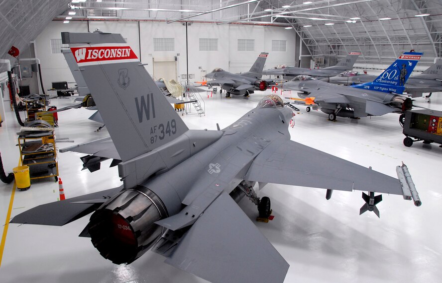 F-16C Fighting Falcons from the 115th Fighter Wing, Madison, Wis., are housed inside a newly remodeled aircraft hangar Jan. 23, 2008.  This $2 million facility upgrade project was completed Dec. 29, 2008 and included the installation of an upgraded fire suppression system, ceiling system, floor and new operational hangar doors.  (U.S. Air Force Photo by: Master Sgt. Dan Richardson) (Released)