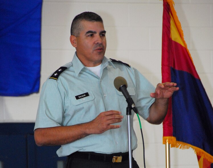 During his first visit to the wing as Adjutant General, Maj. Gen. Hugo Salazar addresses a standing-room-only crowd in Maintenance Hangar 10 here, Feb 7. The general lauded the achievements of the wing’s annual award recipients. (Air National Guard photo by Master Sgt. Dave Neve)
