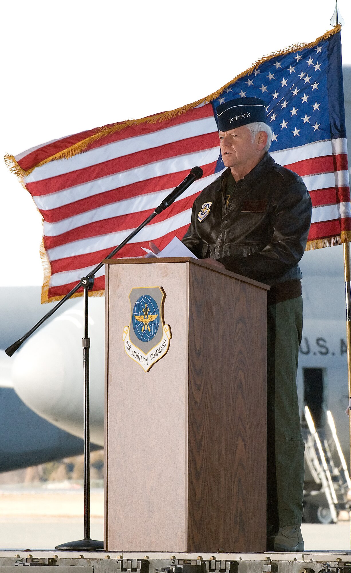 Gen. Arthur Lichte, Air Mobility Command commander, presents Team Dover's first C-5M Super Galaxy, The Spirit of Global Reach, during a ceremony on Dover Air Force Base Feb. 9.  (U.S. Air Force photo/Jason Minto)