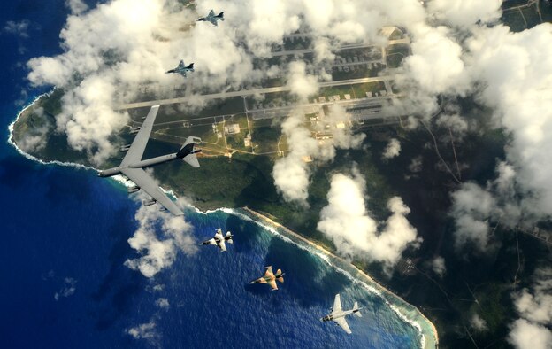 A B-52 Stratofortress currently deployed to Andersen AFB, Guam from the 23rd
Expeditionary Bomb Squadron, leads a formation Feb. 10 of Japanese Air Self Defense Force F-2s from the 6th Squadron, Tsuiki Air Base, USAF  F-16 Fighting Falcons from the 18th Aggressor Squadron, Eielson Air Force Base, Alaska, and a Navy EA-6B Prowler from VAQ-136 Carrier Air Wing Five, Atsugi, Japan over Andersen Air Force Base Guam during Cope North 09-1from Feb. 2-13. Cope North 09-1 is the first iteration of a regularly scheduled joint and bilateral exercise and is part of the on-going series of exercises designed to enhance air operations in defense of Japan. 

(U.S. Air Force photo/ Master Sgt. Kevin J. Gruenwald) released





















  












 











































  












 

























