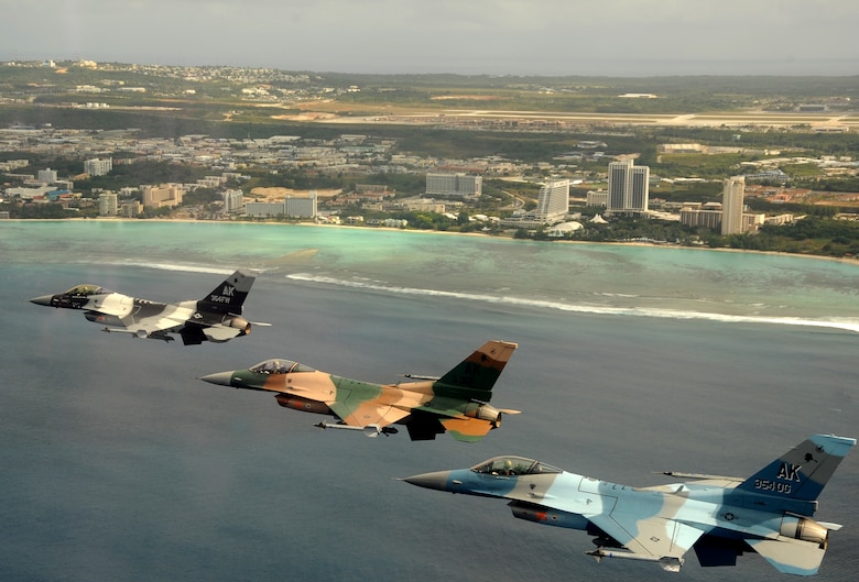 A 3-ship of F-16 Fighting Falcons, 18th Aggressor Squadron, Eielson Air Force Base, Alaska, fly in formation over Tumon Bay, Guam during exercise Cope North 09-1, Feb. 10. Units from the U.S. Air Force, U.S. Navy, and the Japan Air Self Defense Force are participating in exercise Cope North at Andersen AFB, Guam from Feb. 2-13. Cope North 09-1 is the first iteration of a regularly scheduled joint and bilateral exercise and is part of the on-going series of exercises designed to enhance air operations in defense of Japan. 

(U.S. Air Force photo/ Master Sgt. Kevin J. Gruenwald) released





















  












 











































  












 

























