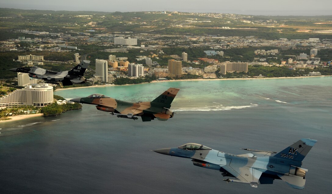 A 3-ship of F-16 Fighting Falcons, 18th Aggressor Squadron, Eielson Air Force Base, Alaska, fly in formation over Tumon Bay, Guam during exercise Cope North 09-1, Feb. 10. Units from the U.S. Air Force, U.S. Navy, and the Japan Air Self Defense Force are participating in exercise Cope North at Andersen AFB, Guam from Feb. 2-13. Cope North 09-1 is the first iteration of a regularly scheduled joint and bilateral exercise and is part of the on-going series of exercises designed to enhance air operations in defense of Japan.

(U.S. Air Force photo/ Master Sgt. Kevin J. Gruenwald) released

