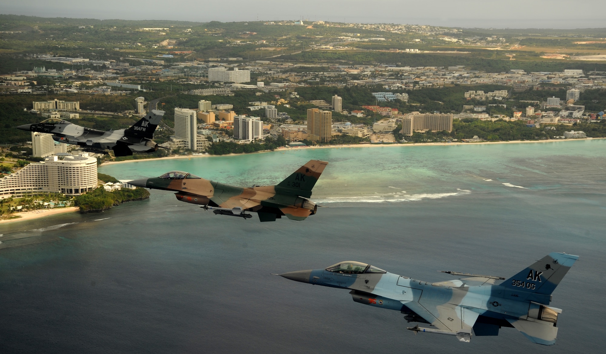 A 3-ship of F-16 Fighting Falcons, 18th Aggressor Squadron, Eielson Air Force Base, Alaska, fly in formation over Tumon Bay, Guam during exercise Cope North 09-1, Feb. 10. Units from the U.S. Air Force, U.S. Navy, and the Japan Air Self Defense Force are participating in exercise Cope North at Andersen AFB, Guam from Feb. 2-13. Cope North 09-1 is the first iteration of a regularly scheduled joint and bilateral exercise and is part of the on-going series of exercises designed to enhance air operations in defense of Japan.

(U.S. Air Force photo/ Master Sgt. Kevin J. Gruenwald) released

