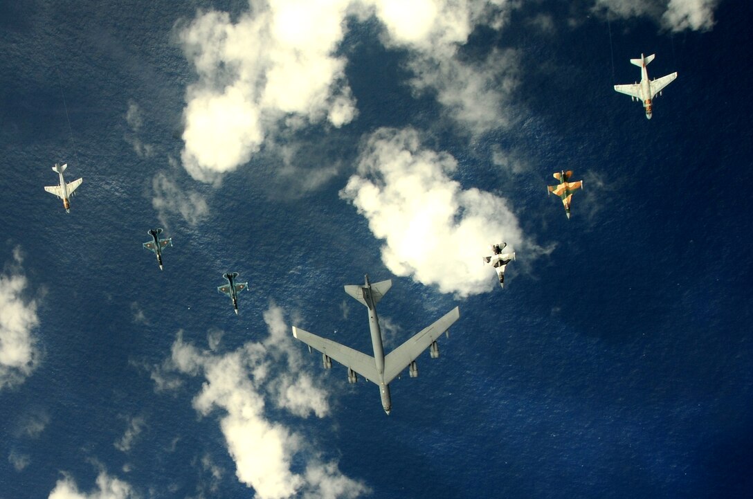 A B-52 Stratofortress currently deployed to Andersen AFB, Guam from the 23rd
Expeditionary Bomb Squadron, leads a formation Feb. 10 of Japanese Air Self Defense Force F-2s from the 6th Squadron, Tsuiki Air Base, USAF  F-16 Fighting Falcons from the 18th Aggressor Squadron, Eielson Air Force Base, Alaska, and Navy EA-6B Prowlers from VAQ-136 Carrier Air Wing Five, Atsugi, Japan over Guam during Cope North 09-1 at Andersen Air Force Base from Feb. 2-13 The Cope North exercise is one of the longest-running series of exercises in the Pacific theater.  Since the first Cope North exercise in 1978, thousands of American and Japanese personnel have honed skills that are vital to maintaining a high level of readiness. This will be the tenth time the United States and Japan have held a Cope North exercise on Guam, and it will be the fourth time that the JASDF will use live ordnance.

(U.S. Air Force photo/ Master Sgt. Kevin J. Gruenwald) released





















  












 











































  












 

























