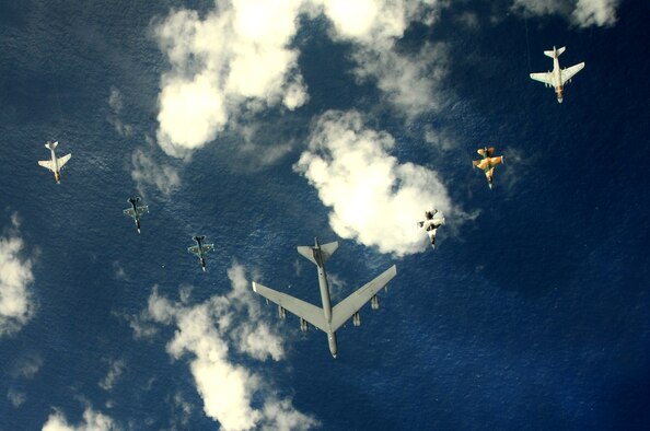 A B-52 Stratofortress currently deployed to Andersen AFB, Guam from the 23rd
Expeditionary Bomb Squadron, leads a formation Feb. 10 of Japanese Air Self Defense Force F-2s from the 6th Squadron, Tsuiki Air Base, USAF  F-16 Fighting Falcons from the 18th Aggressor Squadron, Eielson Air Force Base, Alaska, and Navy EA-6B Prowlers from VAQ-136 Carrier Air Wing Five, Atsugi, Japan over Guam during Cope North 09-1 at Andersen Air Force Base from Feb. 2-13 The Cope North exercise is one of the longest-running series of exercises in the Pacific theater.  Since the first Cope North exercise in 1978, thousands of American and Japanese personnel have honed skills that are vital to maintaining a high level of readiness. This will be the tenth time the United States and Japan have held a Cope North exercise on Guam, and it will be the fourth time that the JASDF will use live ordnance.

(U.S. Air Force photo/ Master Sgt. Kevin J. Gruenwald) released





















  












 











































  












 

























