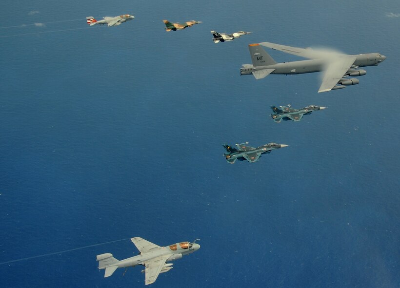A B-52 Stratofortress currently deployed to Andersen AFB, Guam from the 23rdExpeditionary Bomb Squadron, leads a formation Feb. 10 of Japanese Air Self Defense Force F-2s from the 6th Squadron, Tsuiki Air Base, USAF  F-16 Fighting Falcons from the 18th Aggressor Squadron, Eielson Air Force Base, Alaska, and Navy EA-6B Prowlers from VAQ-136 Carrier Air Wing Five, Atsugi, Japan over Guam during Cope North 09-1 at Andersen Air Force Base from Feb 2-13. Cope North 09-1 is the first iteration of a regularly scheduled joint and bilateral exercise and is part of the on-going series of exercises designed to enhance air operations in defense of Japan. (U.S. Air Force photo/ Master Sgt. Kevin J. Gruenwald) released      