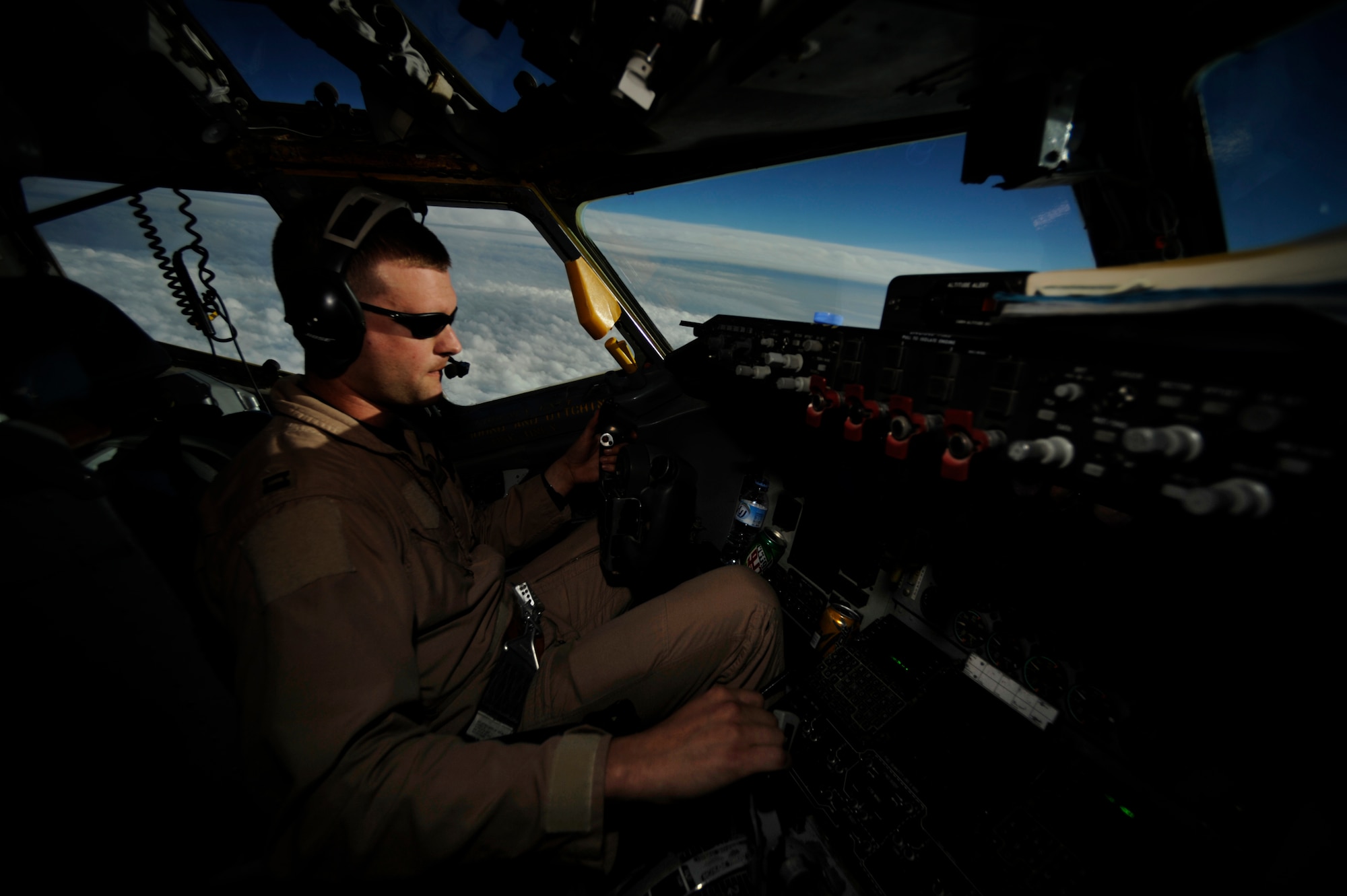 Capt. Micah Vander Veen, assigned to the 340th Expeditionary Air Refueling Squadron, flies a KC-135 air refueling mission Feb. 10, 2009 in support of Operation Iraqi Freedom.  Lt. Houston's home town is Buffalo, Ill., and Capt. Vandeer Veen is from Linden, Wash. (U.S. Air Force photo by Staff Sgt. James L. Harper Jr.) Released

