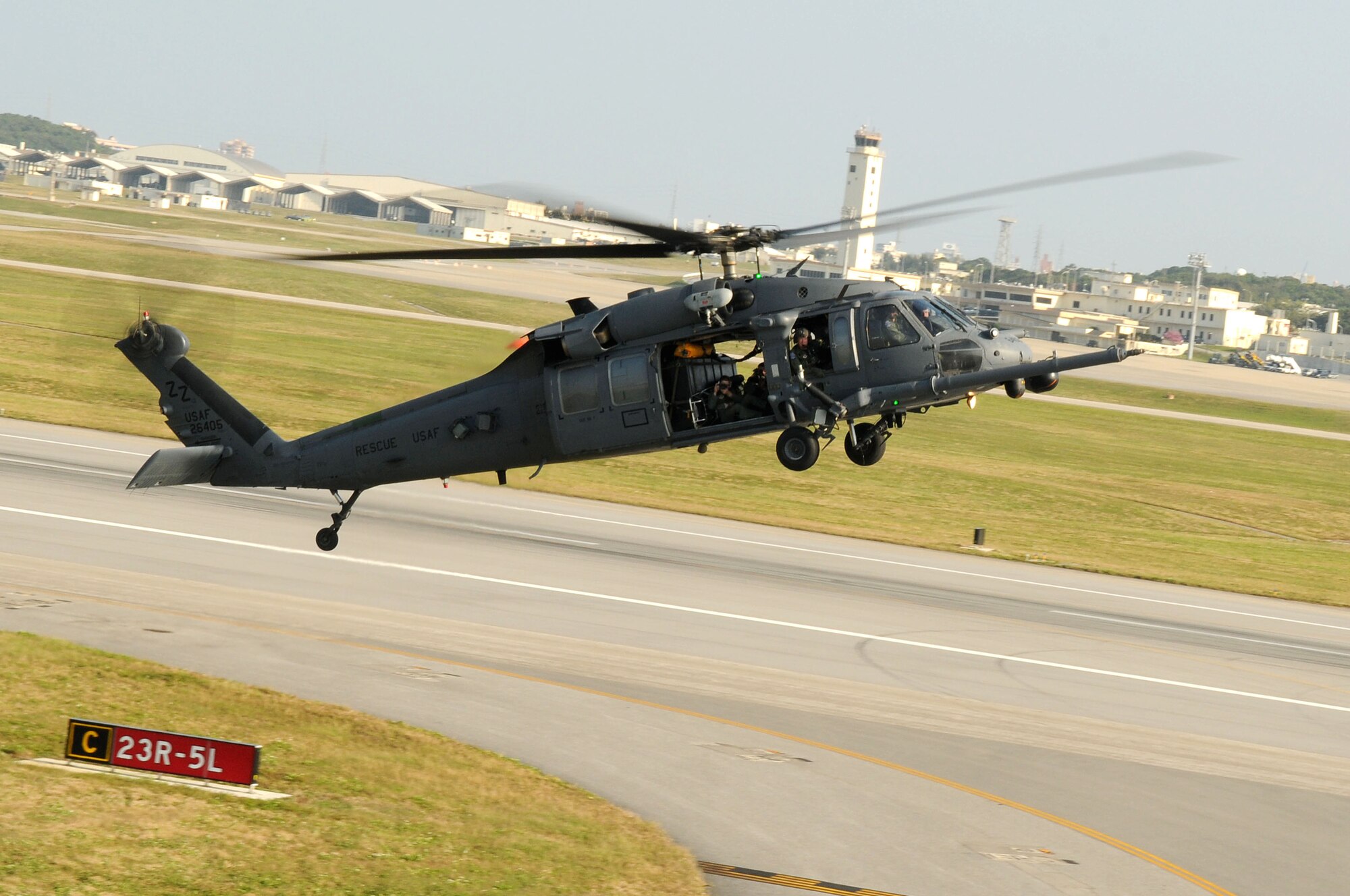 An HH-60 Pave Hawk prepares to land after an air refueling mission off the
coast of Okinawa, Japan as part of exercise Cope Angel 09-1. Cope Angel is a
joint rescue exercise between members of the U.S. Air Force and the Japanese
Air Self Defense Force. (U.S. Air Force photo/ Staff Sgt Chrissy Best)
